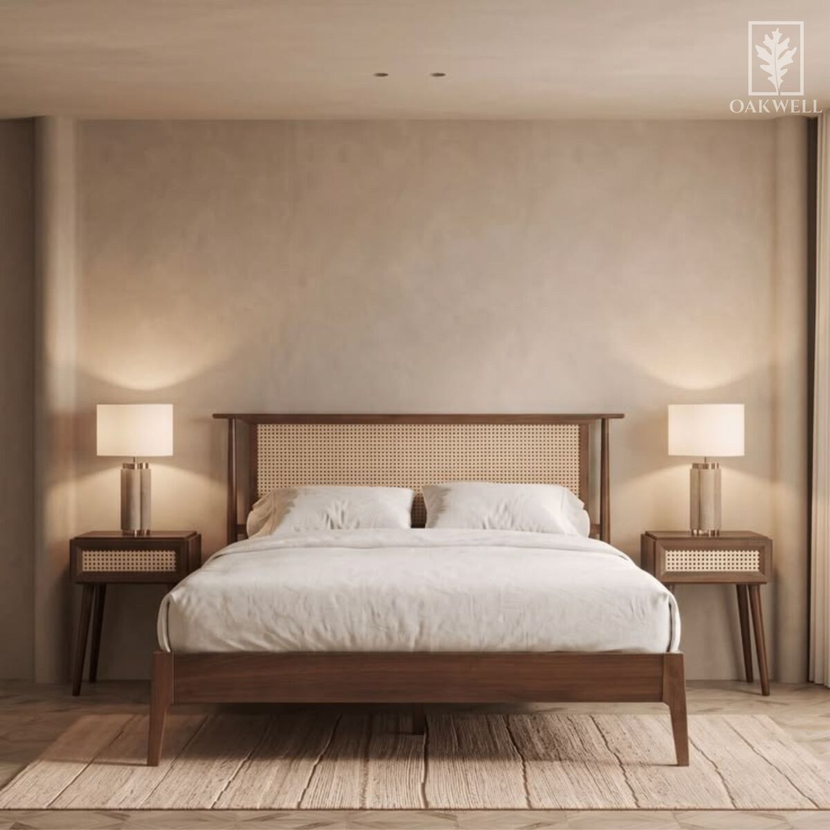 Serene Walnut Cane Bed in a calm beige bedroom